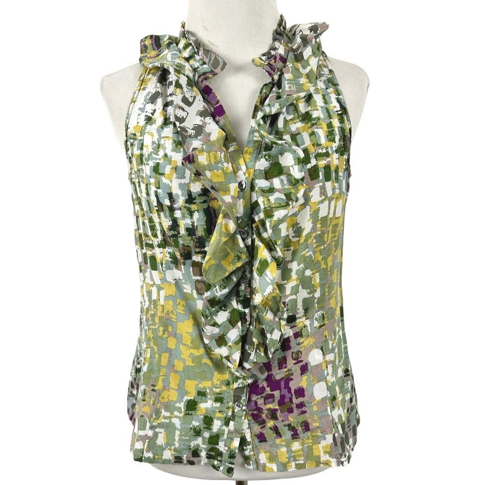 Ann Taylor Petites 6P Silk Cotton Ruffle Blouse Abstract Print Sleeveless Top